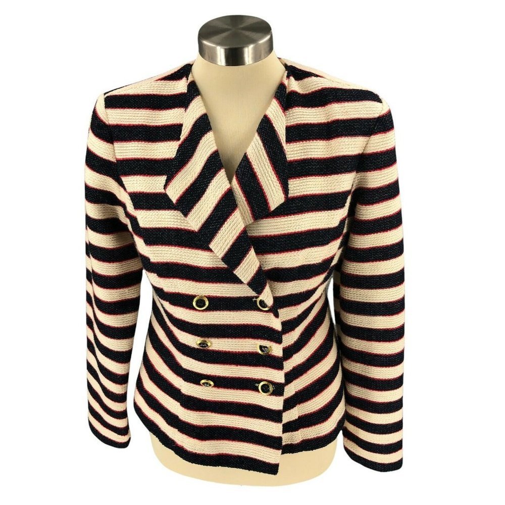 Cabi Womens Jacket 4 White Blue Striped Blazer Tweed Shoulders Pad Long Sleeve